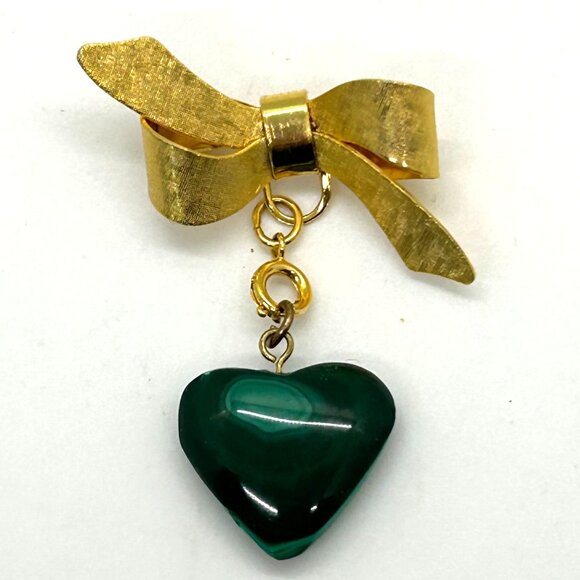 Vintage Gold Bow Brooch With Ring Clasp Malachite Heart Charm Victorian Revival - Picture 5 of 16